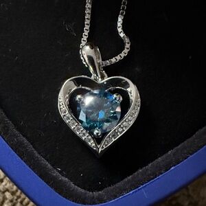Heart Pendant 925 Necklace with Blue Stone with small CZ stones on both sides